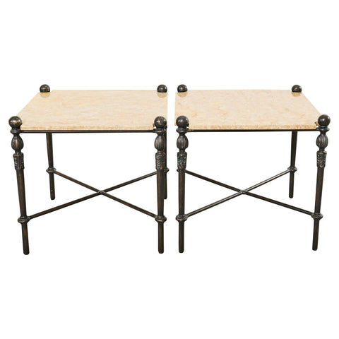 Pair of Michael Taylor Bronzed Montecito Marble Top Tables