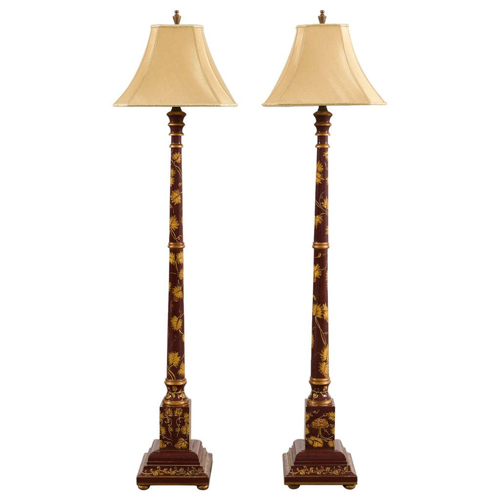 Pair of Lacquered Wood Chinoiserie Gilt Decorated Floor Lamps