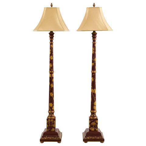 Pair of Lacquered Wood Chinoiserie Gilt Decorated Floor Lamps