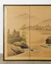 Japanese Showa Four Panel Screen Serene Solitary Boatman Landscape
