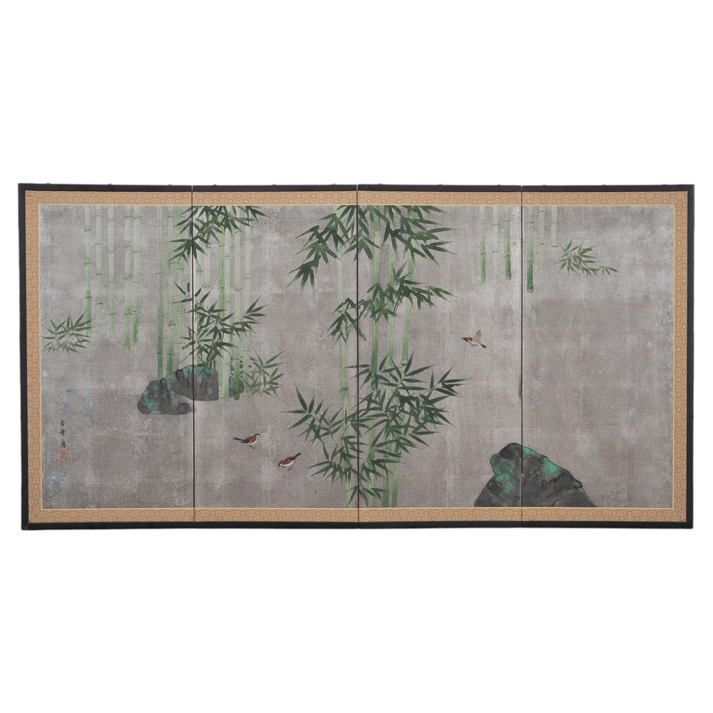 Japanese Showa Four Panel Screen Bamboo in Misty Landscape