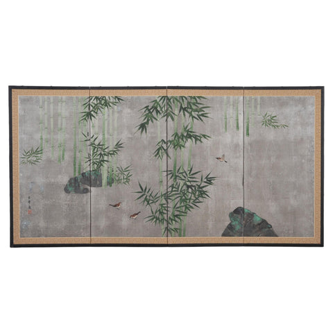Japanese Showa Four Panel Screen Bamboo in Misty Landscape
