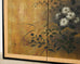 Composed Japanese Showa period four-panel byobu screen depicting autumn foliage with chrysanthemum, bush clover, and Chinese bellflowers. The painting has a lovely background of gilt squares with an artist signature and seal Sanyo/Mitsuharu. Set in a black painted frame with a gilt silk brocade border. From an estate in San Francisco, CA.  Dimensions: 70"w x 0.75"d x 36"h  Circa: 20th Century, Japan  Materials: Paper, Wood, Silk  Condition: Good, wear consistent with age and use. Beautifully crafted with ag