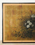 Composed Japanese Showa period four-panel byobu screen depicting autumn foliage with chrysanthemum, bush clover, and Chinese bellflowers. The painting has a lovely background of gilt squares with an artist signature and seal Sanyo/Mitsuharu. Set in a black painted frame with a gilt silk brocade border. From an estate in San Francisco, CA.  Dimensions: 70"w x 0.75"d x 36"h  Circa: 20th Century, Japan  Materials: Paper, Wood, Silk  Condition: Good, wear consistent with age and use. Beautifully crafted with ag