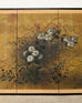 Composed Japanese Showa period four-panel byobu screen depicting autumn foliage with chrysanthemum, bush clover, and Chinese bellflowers. The painting has a lovely background of gilt squares with an artist signature and seal Sanyo/Mitsuharu. Set in a black painted frame with a gilt silk brocade border. From an estate in San Francisco, CA.  Dimensions: 70"w x 0.75"d x 36"h  Circa: 20th Century, Japan  Materials: Paper, Wood, Silk  Condition: Good, wear consistent with age and use. Beautifully crafted with ag