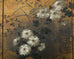 Composed Japanese Showa period four-panel byobu screen depicting autumn foliage with chrysanthemum, bush clover, and Chinese bellflowers. The painting has a lovely background of gilt squares with an artist signature and seal Sanyo/Mitsuharu. Set in a black painted frame with a gilt silk brocade border. From an estate in San Francisco, CA.  Dimensions: 70"w x 0.75"d x 36"h  Circa: 20th Century, Japan  Materials: Paper, Wood, Silk  Condition: Good, wear consistent with age and use. Beautifully crafted with ag