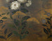 Composed Japanese Showa period four-panel byobu screen depicting autumn foliage with chrysanthemum, bush clover, and Chinese bellflowers. The painting has a lovely background of gilt squares with an artist signature and seal Sanyo/Mitsuharu. Set in a black painted frame with a gilt silk brocade border. From an estate in San Francisco, CA.  Dimensions: 70"w x 0.75"d x 36"h  Circa: 20th Century, Japan  Materials: Paper, Wood, Silk  Condition: Good, wear consistent with age and use. Beautifully crafted with ag