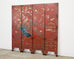 Chinese Export Four Panel Red Lacquered Chinoiserie Gilt Screen