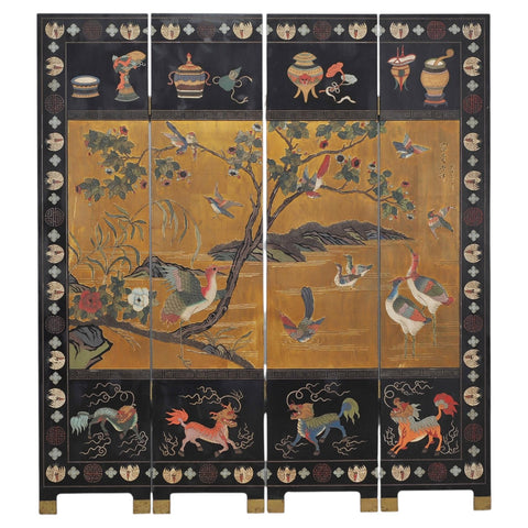 Chinese Export Lacquered Gilt Coromandel Screen Cranes and Ducks