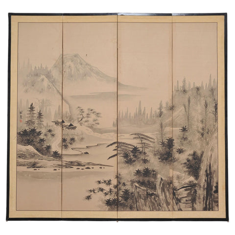 Japanese Showa Four Panel Screen Spring River Landscape 5 Ft.