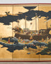 Japanese Showa Four Panel Screen Nanban Ship on Gilt