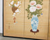 Japanese Showa Four Panel Screen Flower Vases on Silk