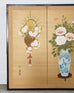 Japanese Showa Four Panel Screen Flower Vases on Silk