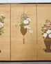 Japanese Showa Four Panel Screen Flower Vases on Silk