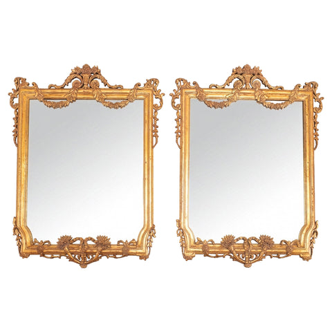 Pair of 19th C. French Louis XVI Style Giltwood Mirrors 4.6 Ft