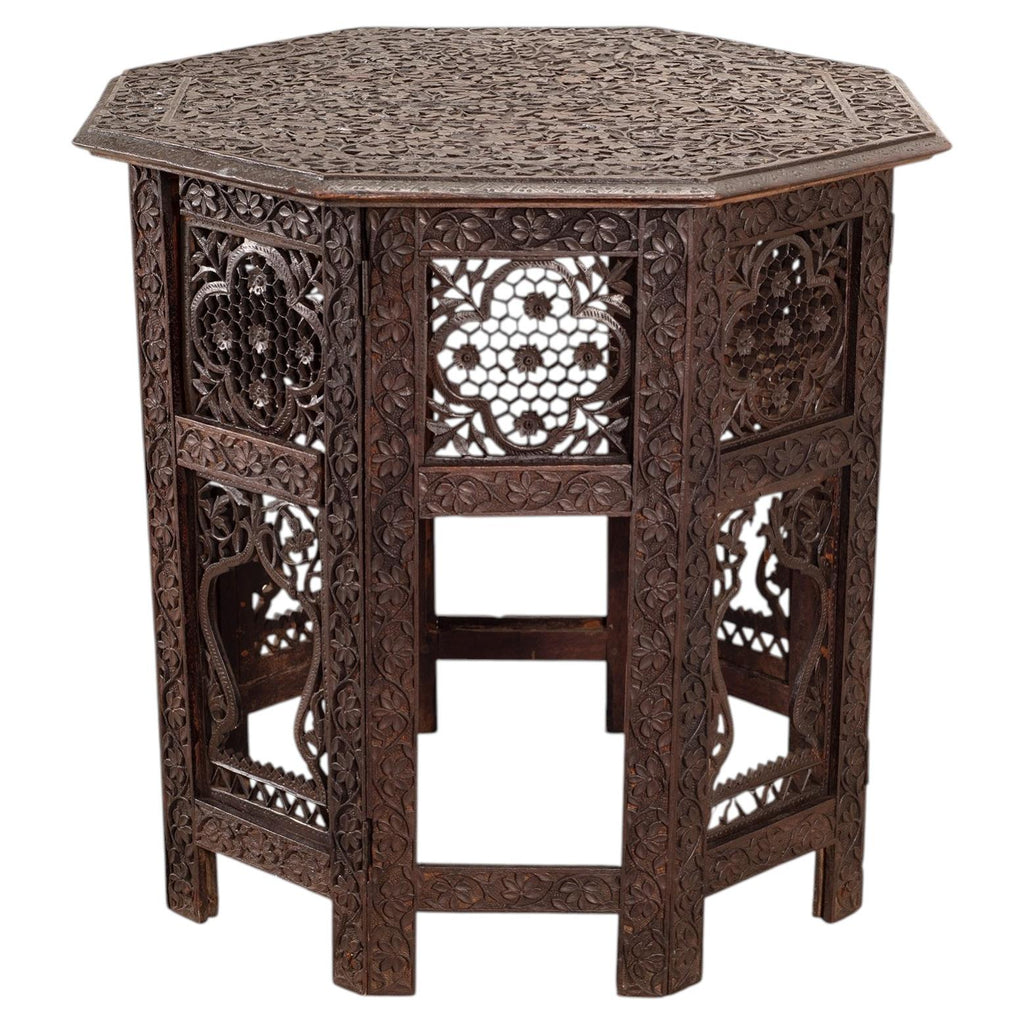 Anglo-Indian Kashmiri Style Carved Wood Octagonal Side Table
