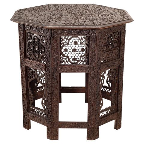 Anglo-Indian Kashmiri Style Carved Wood Octagonal Side Table
