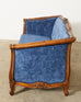 Country French Provincial Style Walnut Blue Velvet Canapé Sofa