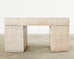 Organic Modern Basket Weave Cerused Wicker Kneehole Pedestal Desk