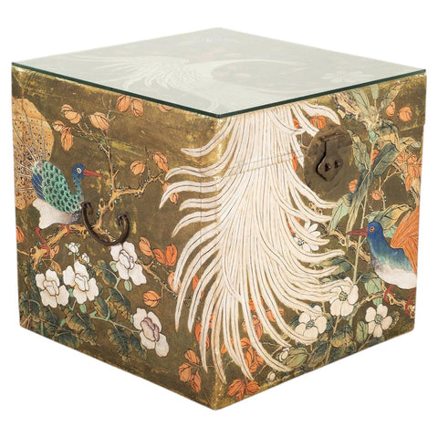 Chinese Qing Style Painted Exotic Birds Leather Trunk Table