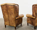 Pair of Distressed Cigar Leather Wingback Chairs with Ottomans