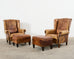 Pair of Distressed Cigar Leather Wingback Chairs with Ottomans