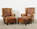 Pair of Distressed Cigar Leather Wingback Chairs with Ottomans