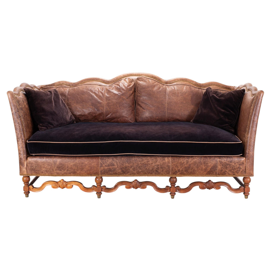 Country English Style Distressed Leather and Walnut Sofa