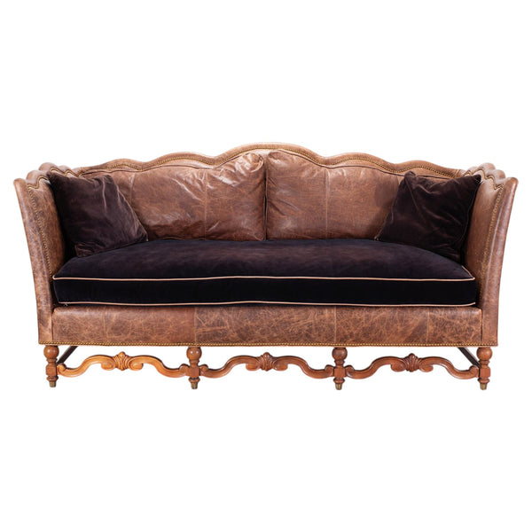 Country English Style Distressed Leather and Walnut Sofa