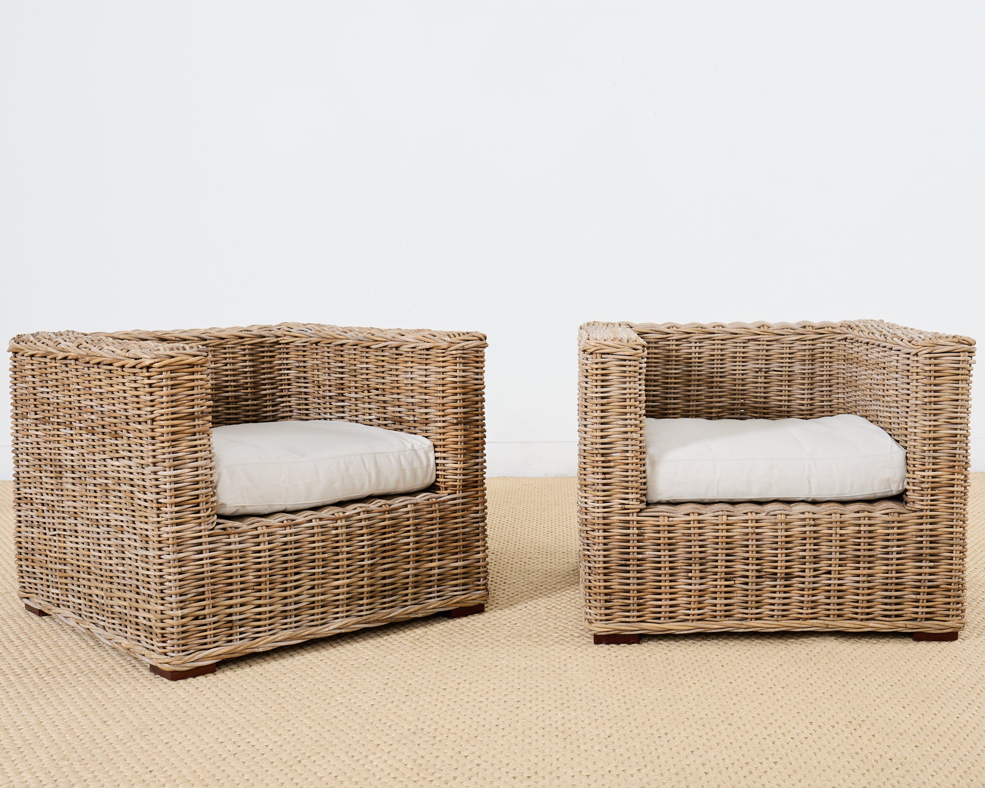 Pair of Michael Taylor Style Organic Modern Rattan Cube Chairs – Erin ...