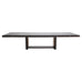A Dakota Jackson modern rectangular dining table with a dark wood top and base, accented by thin gold-toned metal lines.