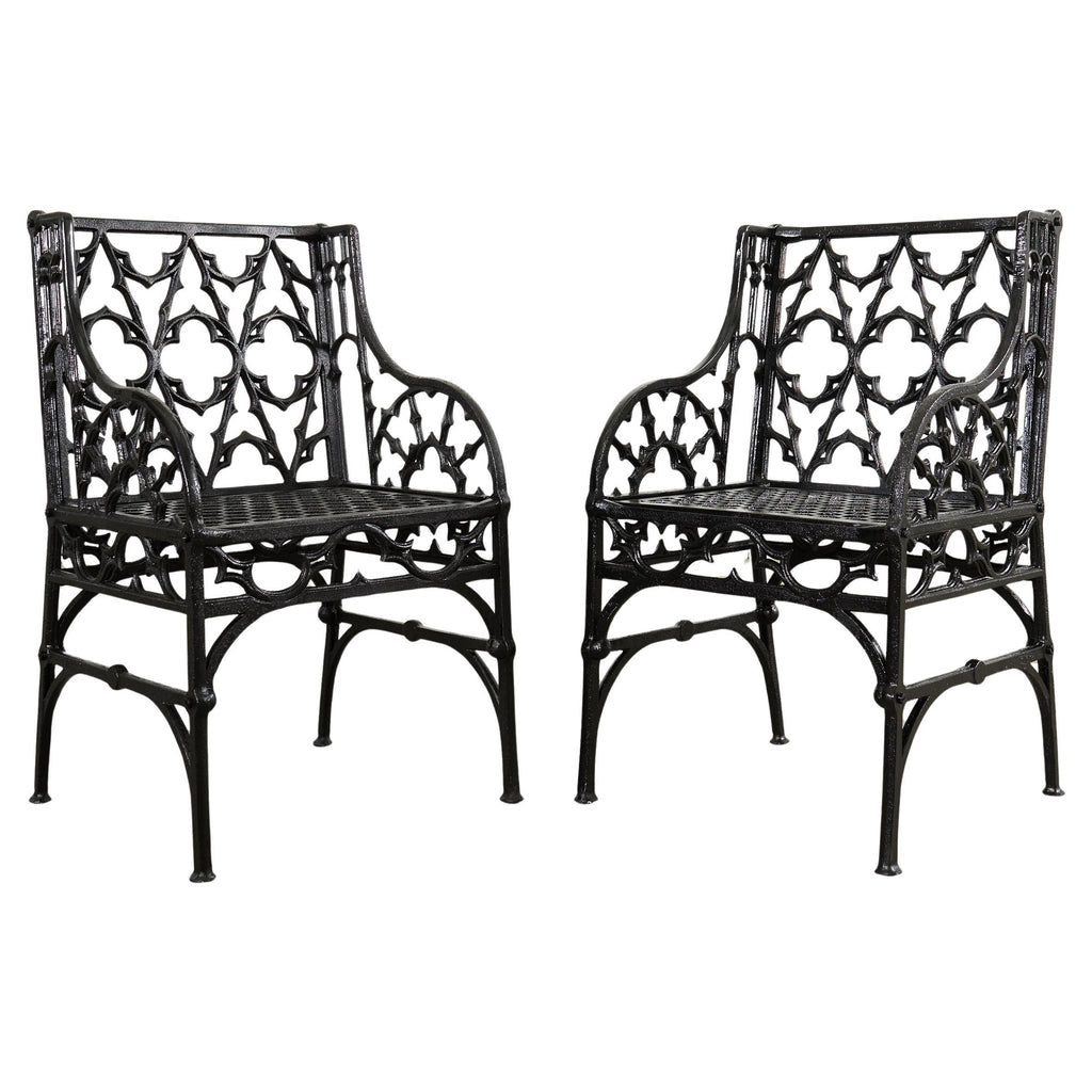 Pair of English Coalbrookdale Style Gothic Garden Armchairs