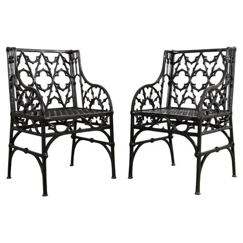 Pair of English Coalbrookdale Style Gothic Garden Armchairs