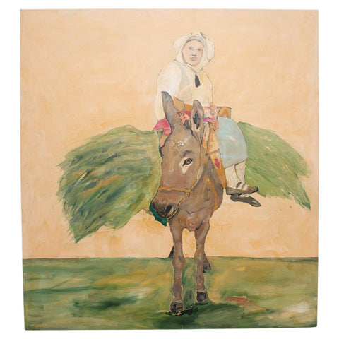 Ira Yeager 20th C. Corfu Woman on Donkey Oil Canvas Painting 6 Ft
