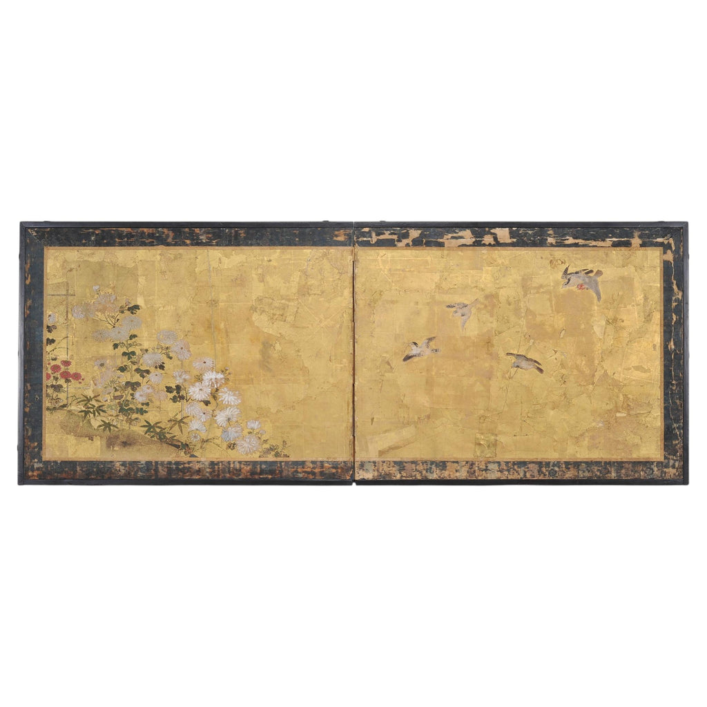 Japanese Edo Two-Panel Gilt Screen Birds Chrysanthemums 6 Ft