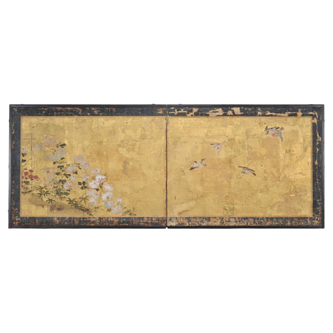 Japanese Edo Two-Panel Gilt Screen Birds Chrysanthemums 6 Ft