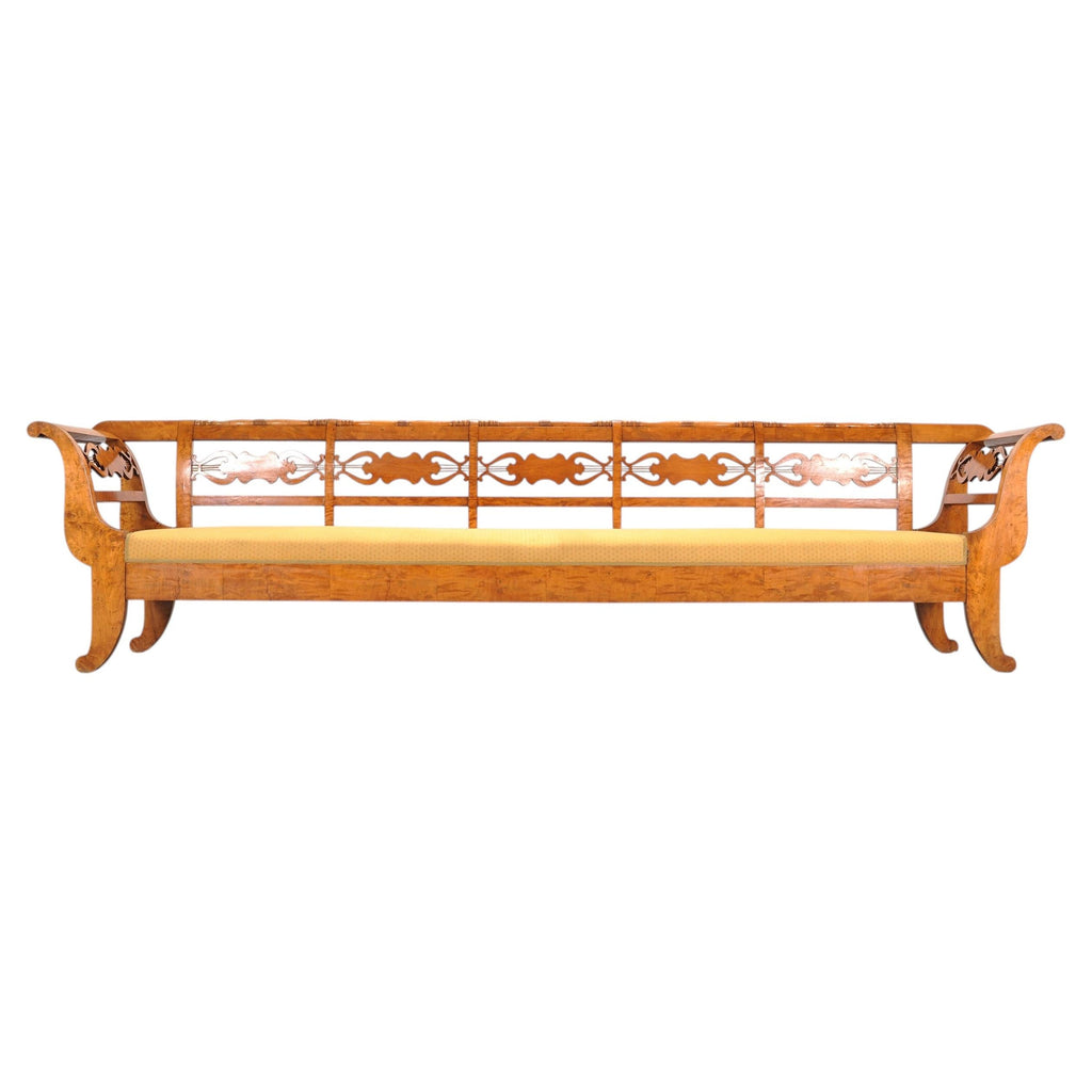 Monumental Swedish Biedermeier Style Burl Hall Bench 11.5 Ft