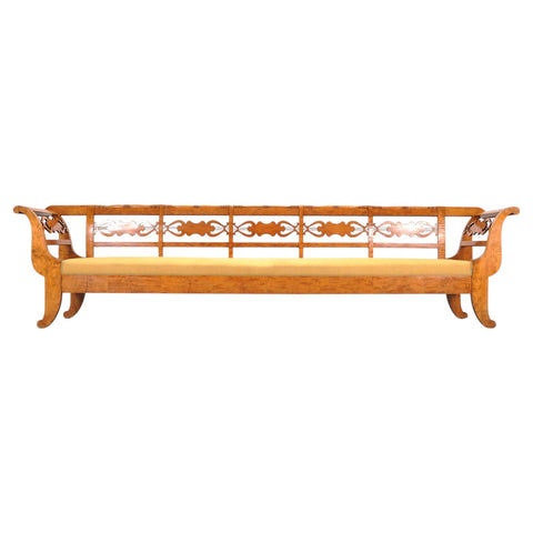 Monumental Swedish Biedermeier Style Burl Hall Bench 11.5 Ft