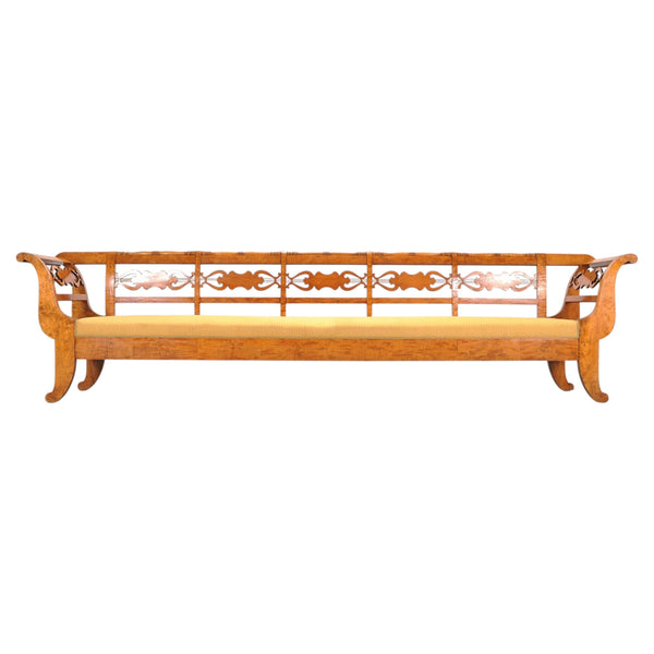 Monumental Swedish Biedermeier Style Burl Hall Bench 11.5 Ft