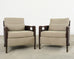 Pair Thomas Pheasant McGuire Rattan Lounge Chairs + Ottoman
