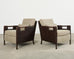 Pair Thomas Pheasant McGuire Rattan Lounge Chairs + Ottoman