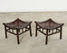 Pair of McGuire Laced Leather Rawhide Rattan Ottoman Stools