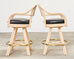 Set of Four McGuire Rattan Leather Swivel Bar Stools