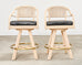 Set of Four McGuire Rattan Leather Swivel Bar Stools
