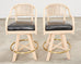 Set of Four McGuire Rattan Leather Swivel Bar Stools