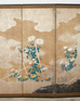 Japanese Meiji Six Panel Screen Brushwood Gate with Chrysanthemums