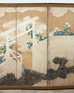 Japanese Meiji Six Panel Screen Brushwood Gate with Chrysanthemums