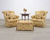 Pair of Tufted Lounge Chairs + Ottoman in Butter Print Fabric