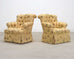Pair of Tufted Lounge Chairs + Ottoman in Butter Print Fabric