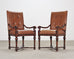 Pair of Louis XIII Baroque Style Mahogany Leather Armchairs